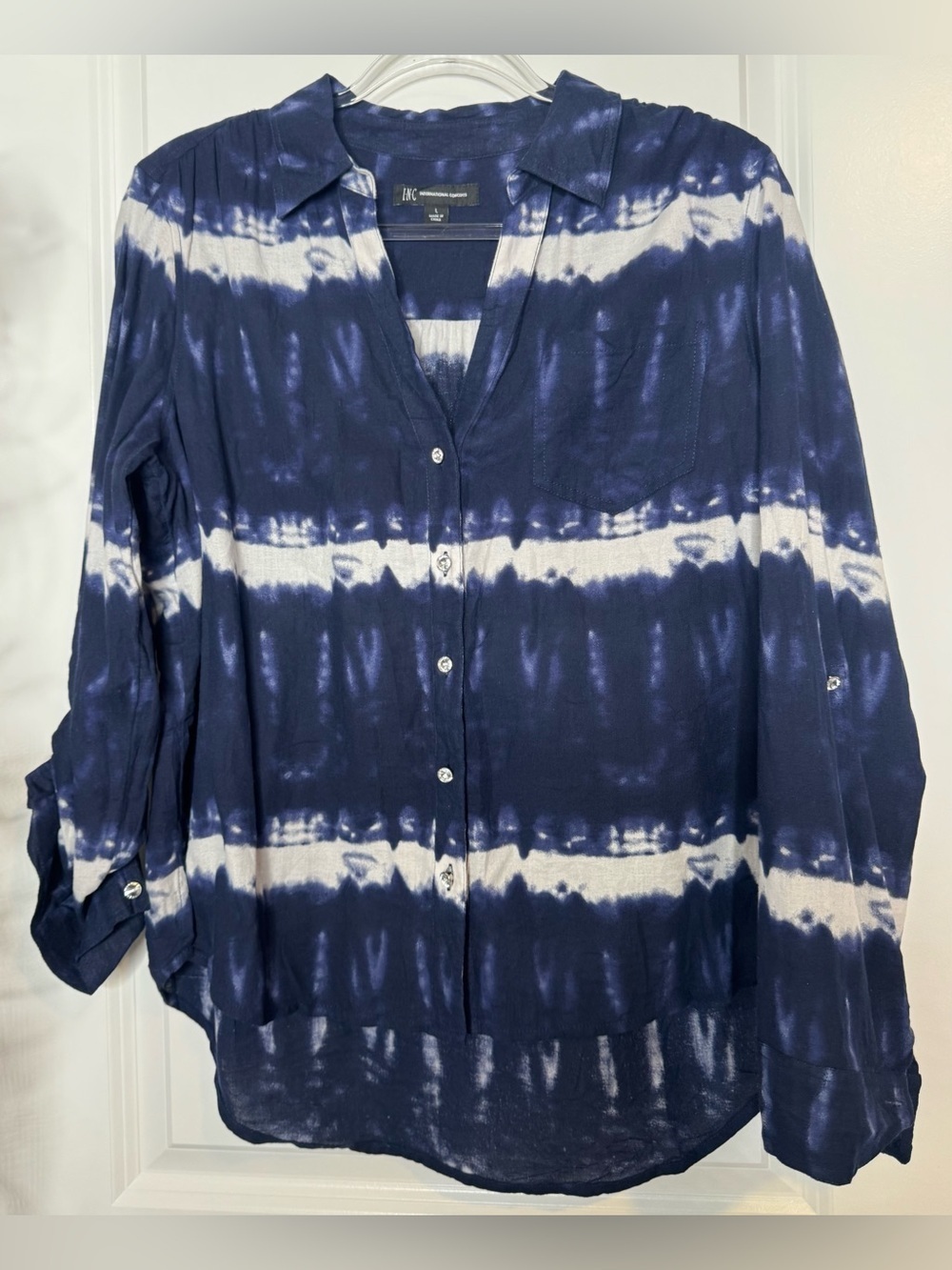 INC International Concepts Navy & White Tie-Dye Crystal Button Shirt LG cotton - Picture 1 of 5